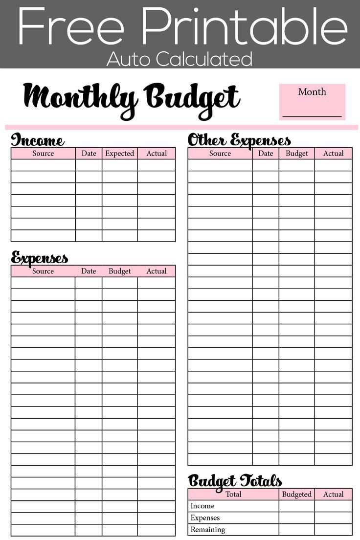 Free Printable Monthly Budget With Auto Calculated Fields